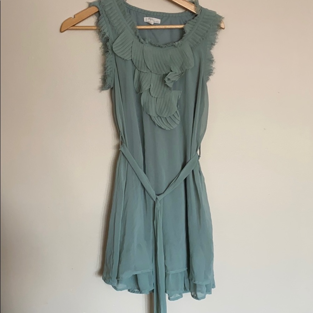 Raw Edge Pleated Ruffle Tie Waist Dress